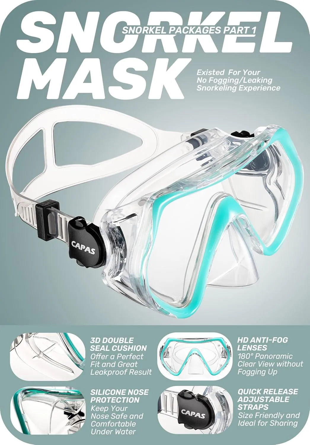 CAPAS Snorkel Mask Fins Set, Travel Size Snorkeling Gear for Adults with Adjustable Fins, Diving Mask and Dry Top Snorkel, Come with a Carrying Bag