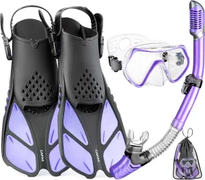 CAPAS Snorkel Mask Fins Set, Travel Size Snorkeling Gear for Adults with Adjustable Fins, Diving Mask and Dry Top Snorkel, Come with a Carrying Bag