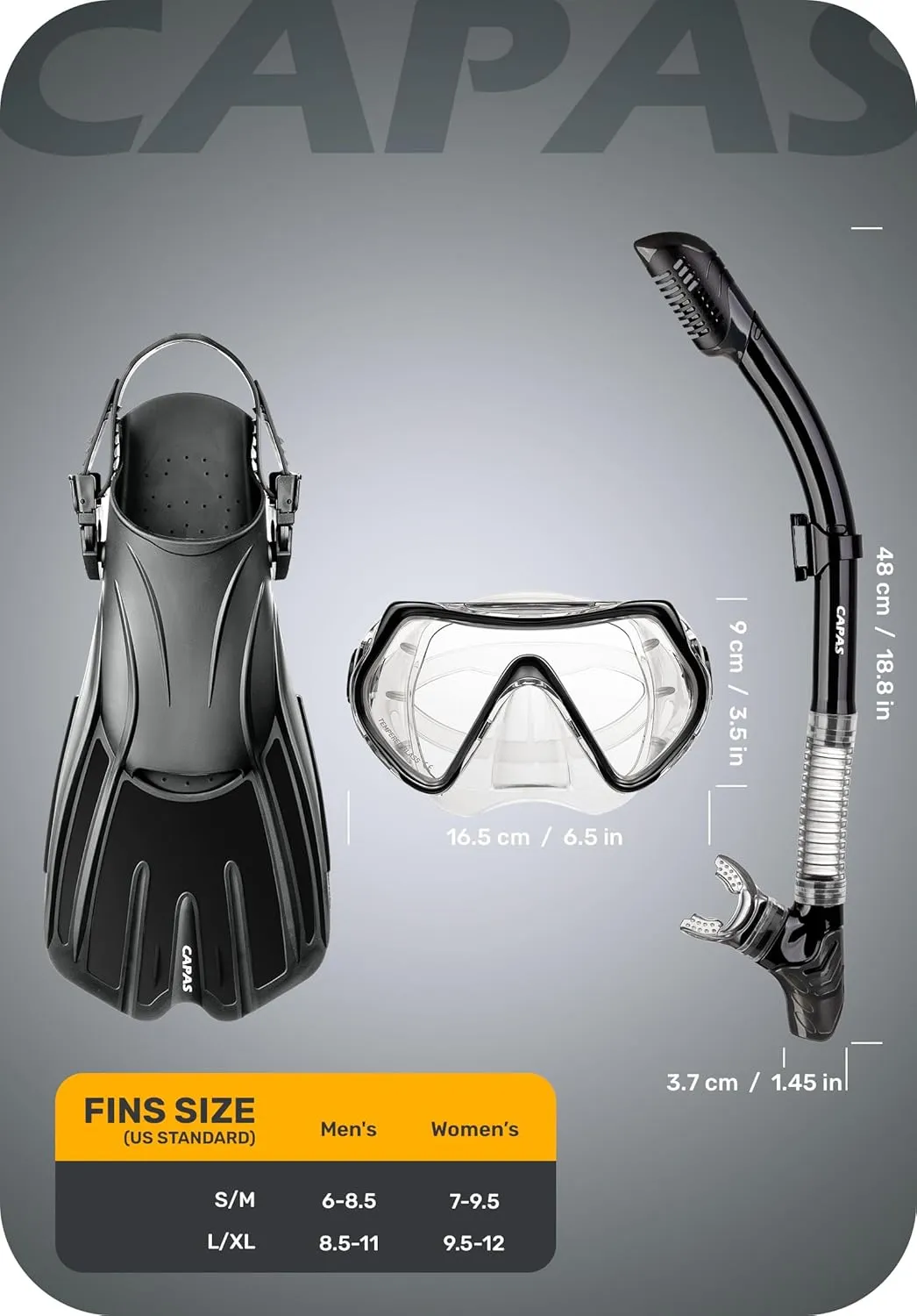 CAPAS Snorkel Mask Fins Set, Travel Size Snorkeling Gear for Adults with Adjustable Fins, Diving Mask and Dry Top Snorkel, Come with a Carrying Bag
