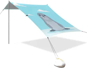 Cartoon Cute Seal Grey Designed UPF50 Foldable Beach Canopy Easy Setup Large Portable Sun Shelter with Sturdy Poles, Sandbags and Shovel for Backyard and Camping carpa para Playa