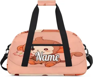 Cartoon Monkey Personalized Kids Gym Bag Custom Name Sport Duffel Bag Dance Ballet Bag for Girls Practice Workout Bag