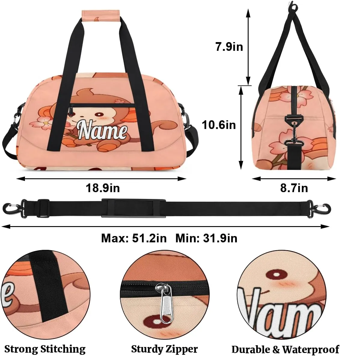 Cartoon Monkey Personalized Kids Gym Bag Custom Name Sport Duffel Bag Dance Ballet Bag for Girls Practice Workout Bag