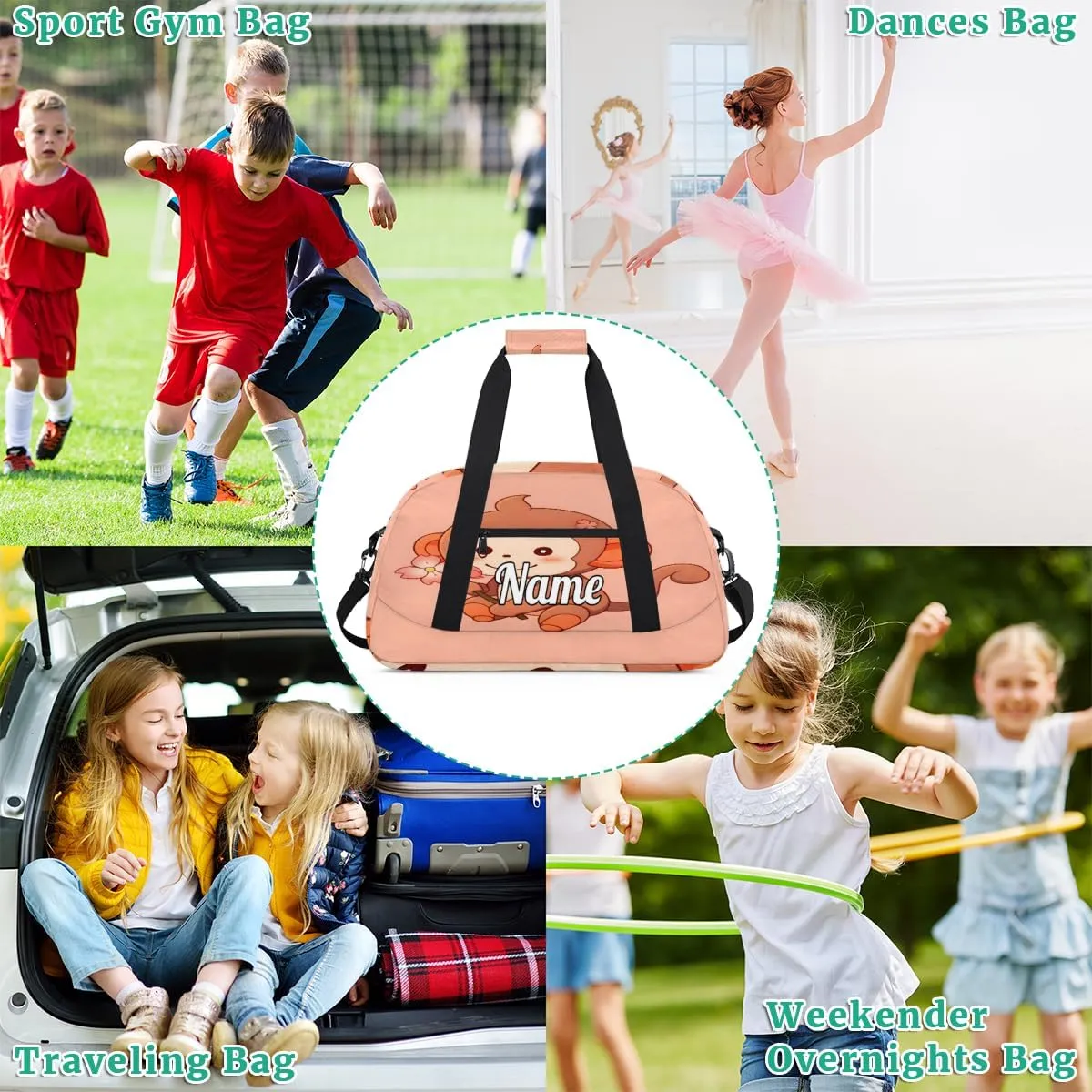 Cartoon Monkey Personalized Kids Gym Bag Custom Name Sport Duffel Bag Dance Ballet Bag for Girls Practice Workout Bag
