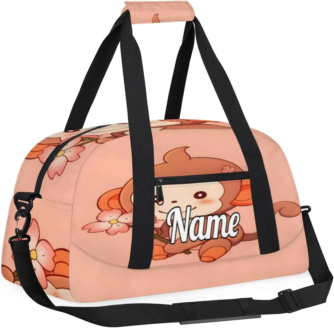Cartoon Monkey Personalized Kids Gym Bag Custom Name Sport Duffel Bag Dance Ballet Bag for Girls Practice Workout Bag