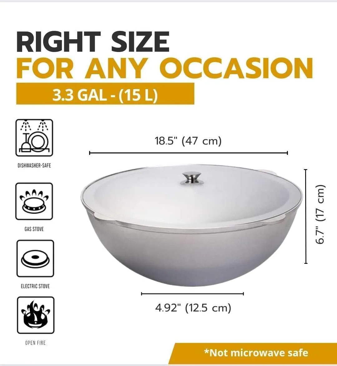 Cast Aluminum Asian Cauldron with Lid Aluminum Kazan, Dutch Oven Pot, Camping Cookware Kitchen Pot, Oven Safe Caldero, Gray ((15 L))