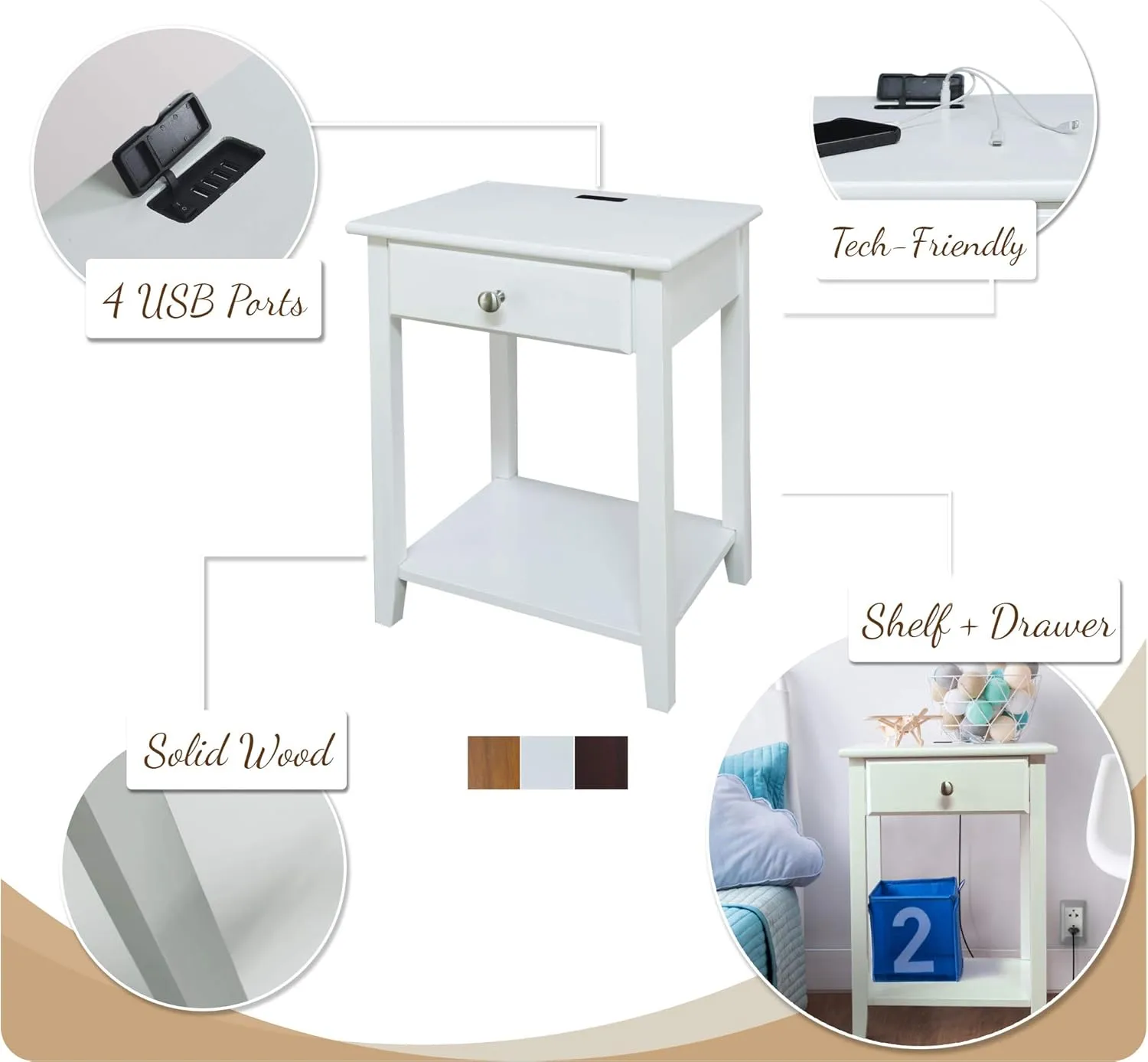 Casual Home Night Owl Nightstand with USB Ports-Espresso