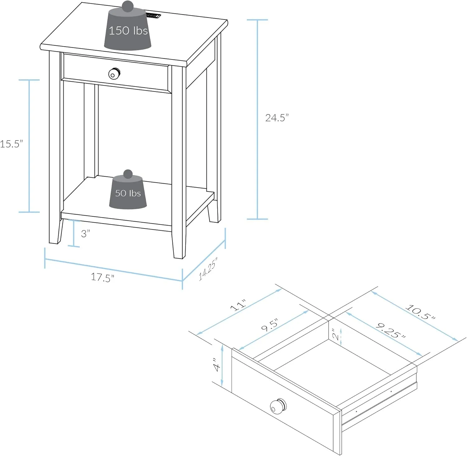 Casual Home Night Owl Nightstand with USB Ports-Espresso