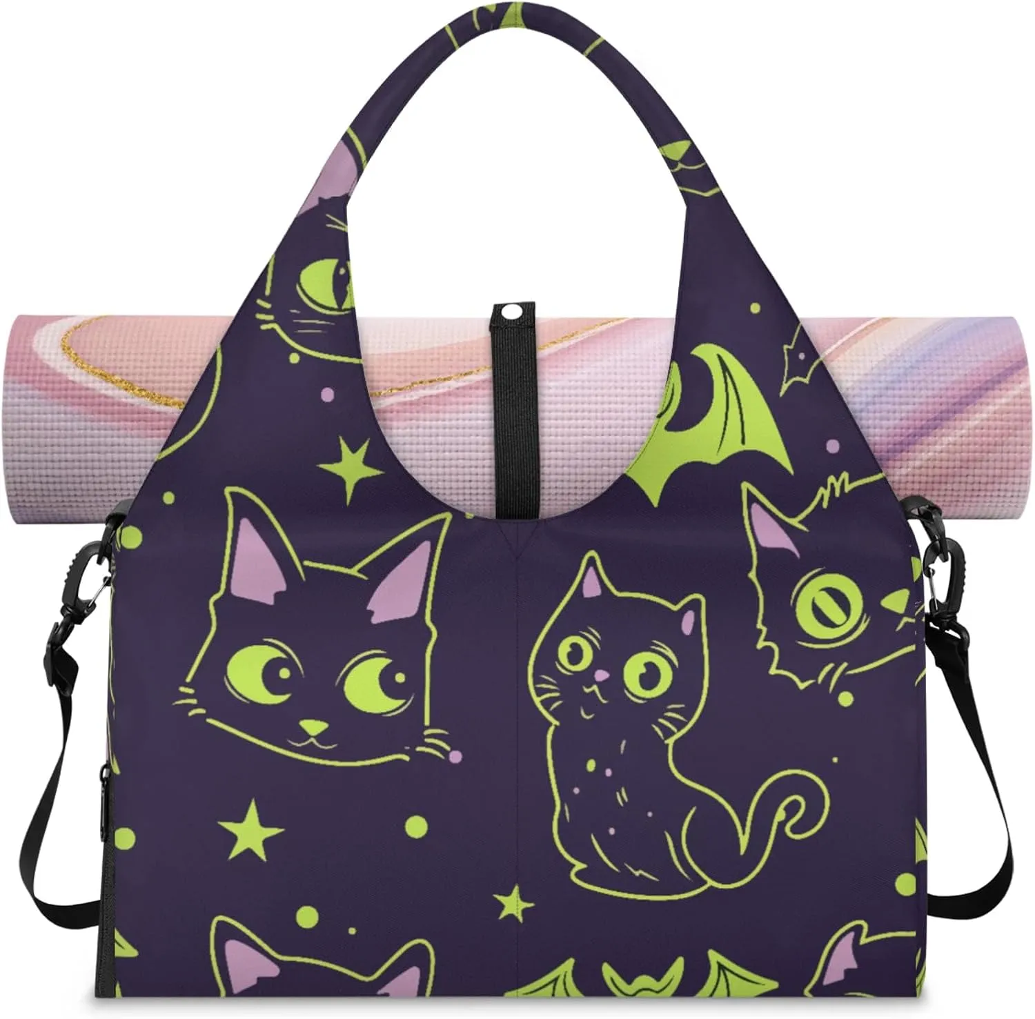 Cats Bats Paper Gym Bag Yoga Mat Tote for Women with Shoes Compartment Lightweight Duffle Travel Carrier Wet Dry Storage Pockets Adjustable Pilates Mats Shoulder Bags for Sport Swim