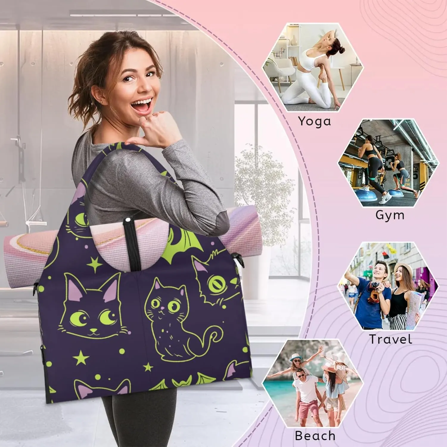 Cats Bats Paper Gym Bag Yoga Mat Tote for Women with Shoes Compartment Lightweight Duffle Travel Carrier Wet Dry Storage Pockets Adjustable Pilates Mats Shoulder Bags for Sport Swim