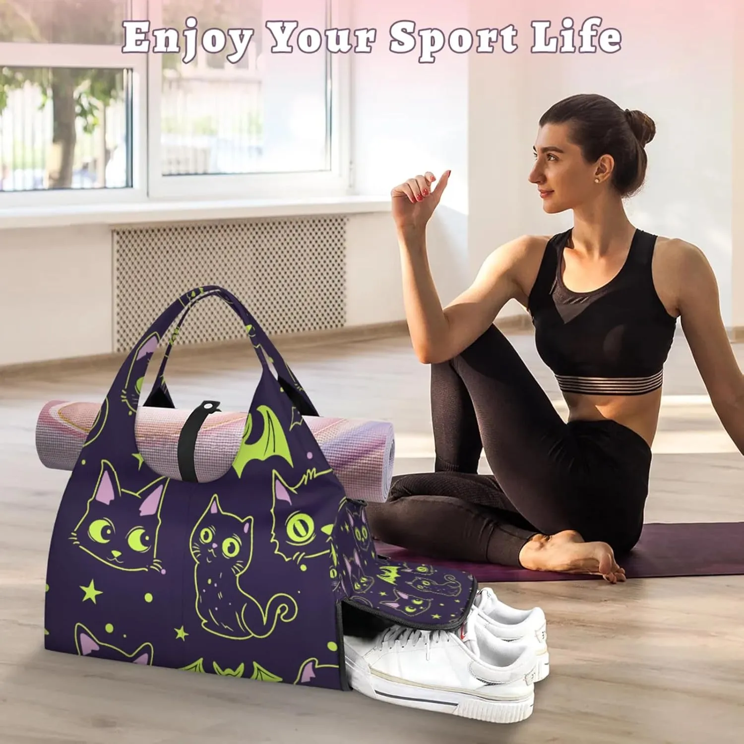 Cats Bats Paper Gym Bag Yoga Mat Tote for Women with Shoes Compartment Lightweight Duffle Travel Carrier Wet Dry Storage Pockets Adjustable Pilates Mats Shoulder Bags for Sport Swim