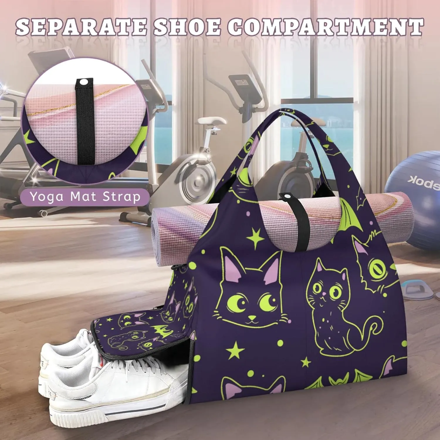 Cats Bats Paper Gym Bag Yoga Mat Tote for Women with Shoes Compartment Lightweight Duffle Travel Carrier Wet Dry Storage Pockets Adjustable Pilates Mats Shoulder Bags for Sport Swim