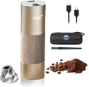 CERA  Portable Burr Coffee Grinder Electric Espresso Grinder Machine Suitable for Travel,Camping,Hiking with Bag,Gold
