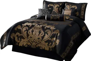 Chezmoi Collection 7-Piece Jacquard Floral Comforter Set/Bed-in-a-Bag Set, King, Black Gold
