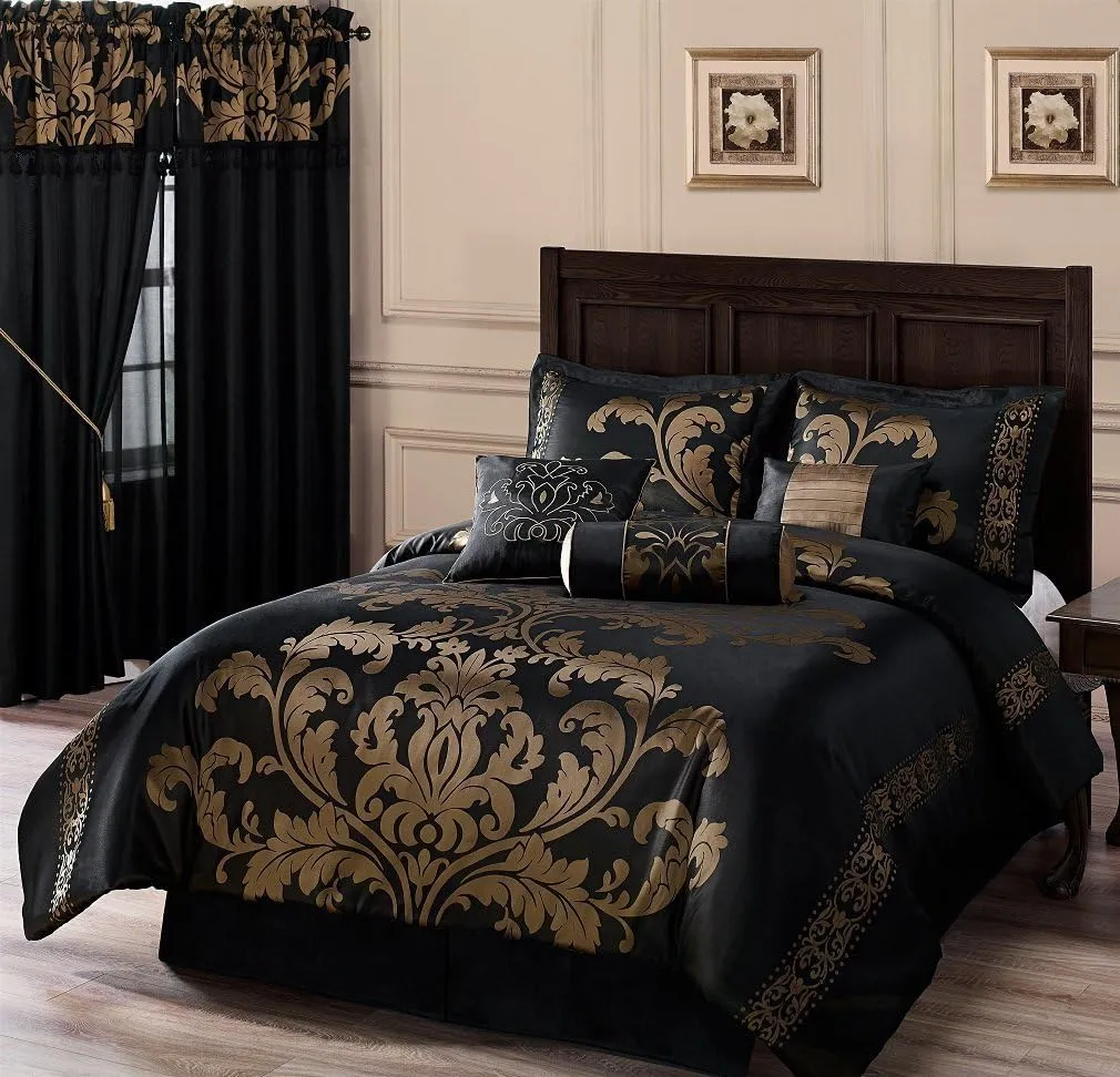 Chezmoi Collection 7-Piece Jacquard Floral Comforter Set/Bed-in-a-Bag Set, King, Black Gold