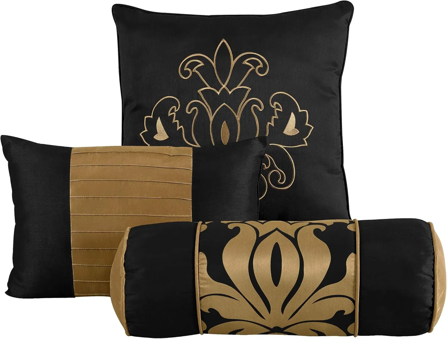 Chezmoi Collection 7-Piece Jacquard Floral Comforter Set/Bed-in-a-Bag Set, King, Black Gold