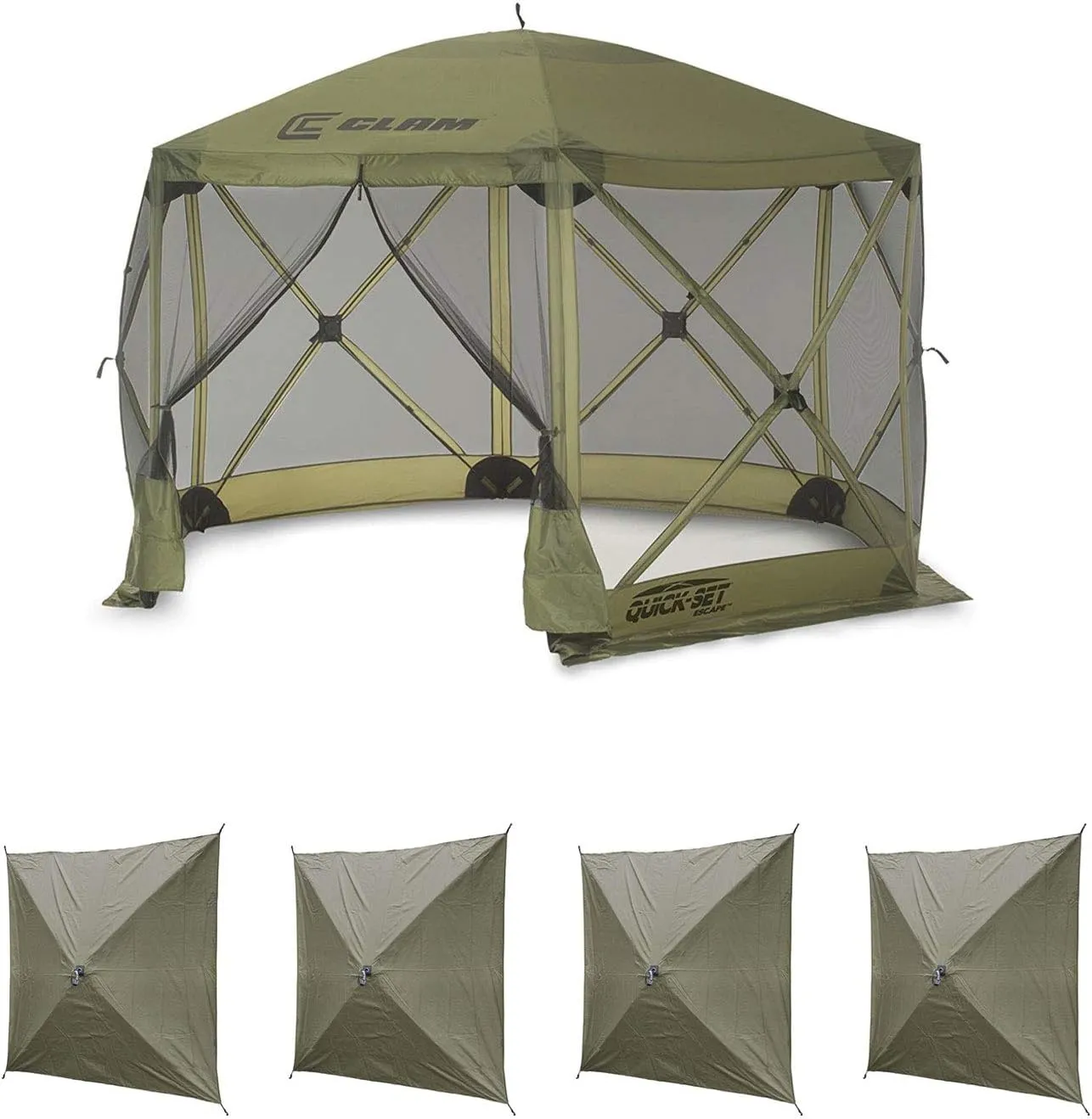CLAM Quick Set Escape 12 x 12 Foot Portable Pop Up Outdoor Camping Gazebo Canopy Shelter Tent with Carry Bag and Wind Panels (4 Pack), Green