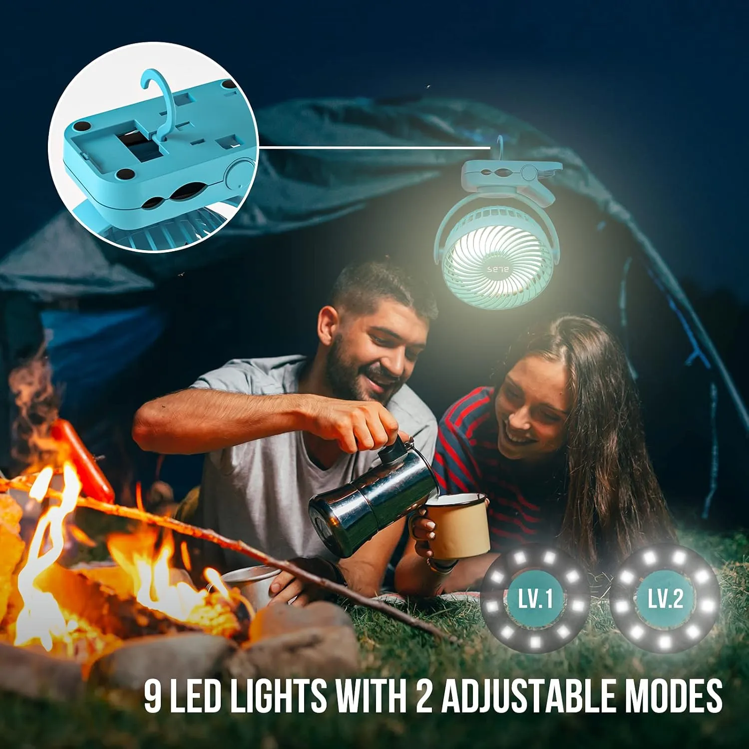 Clip on Fan 65Hrs Camping Fan with LED Light, 12000mAh Battery Operated Fans & PortableFan Rechargeable, Small Desk Fans USB TravelFan for Tent Camping Golf Stroller, Blue