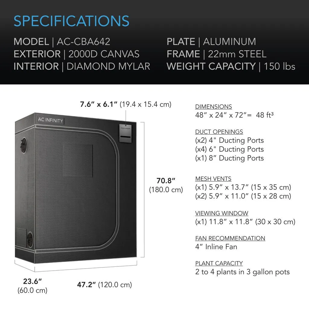 CLOUDLAB 642, Advance Grow Tent 4x2, 2000D Diamond Mylar Canvas, 48" x 24" x 72"