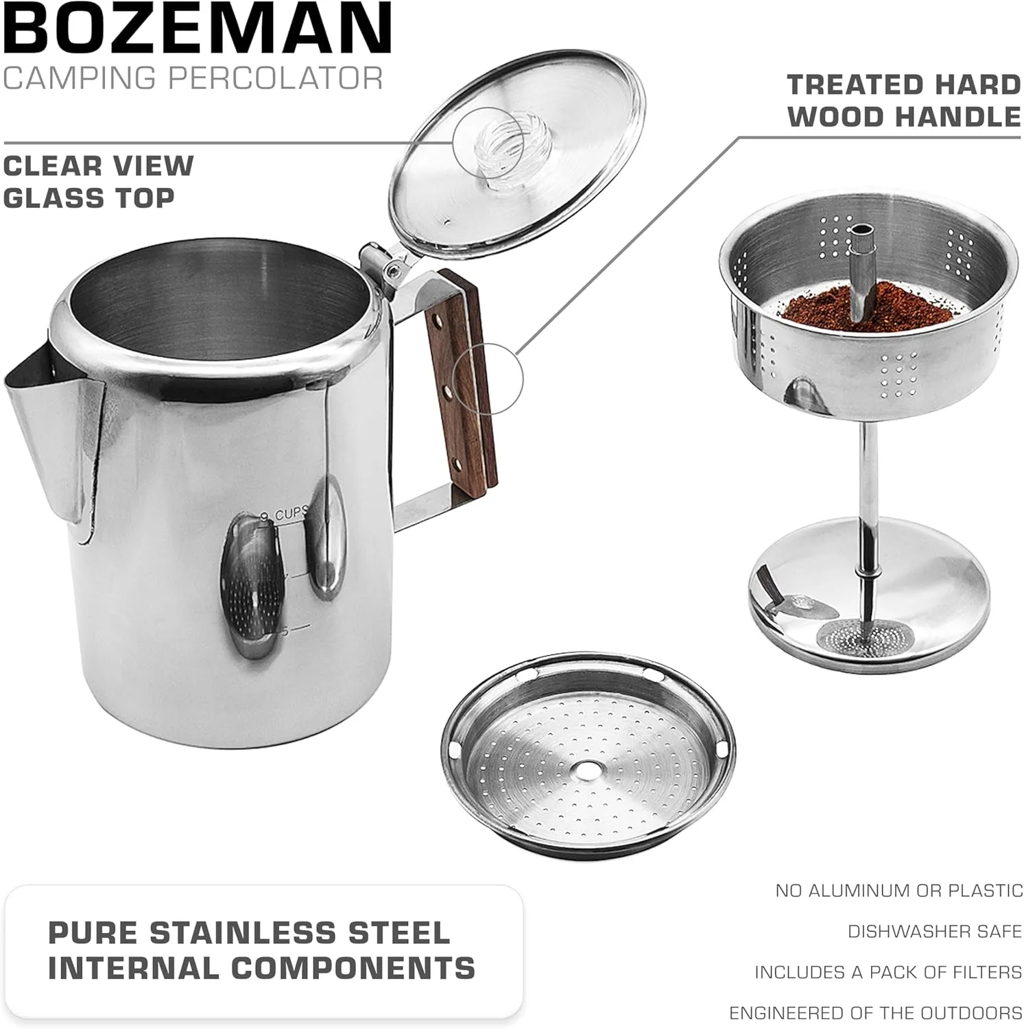COLETTI Bozeman Percolator Coffee Pot — NO Aluminum or Plastic [9 cup]