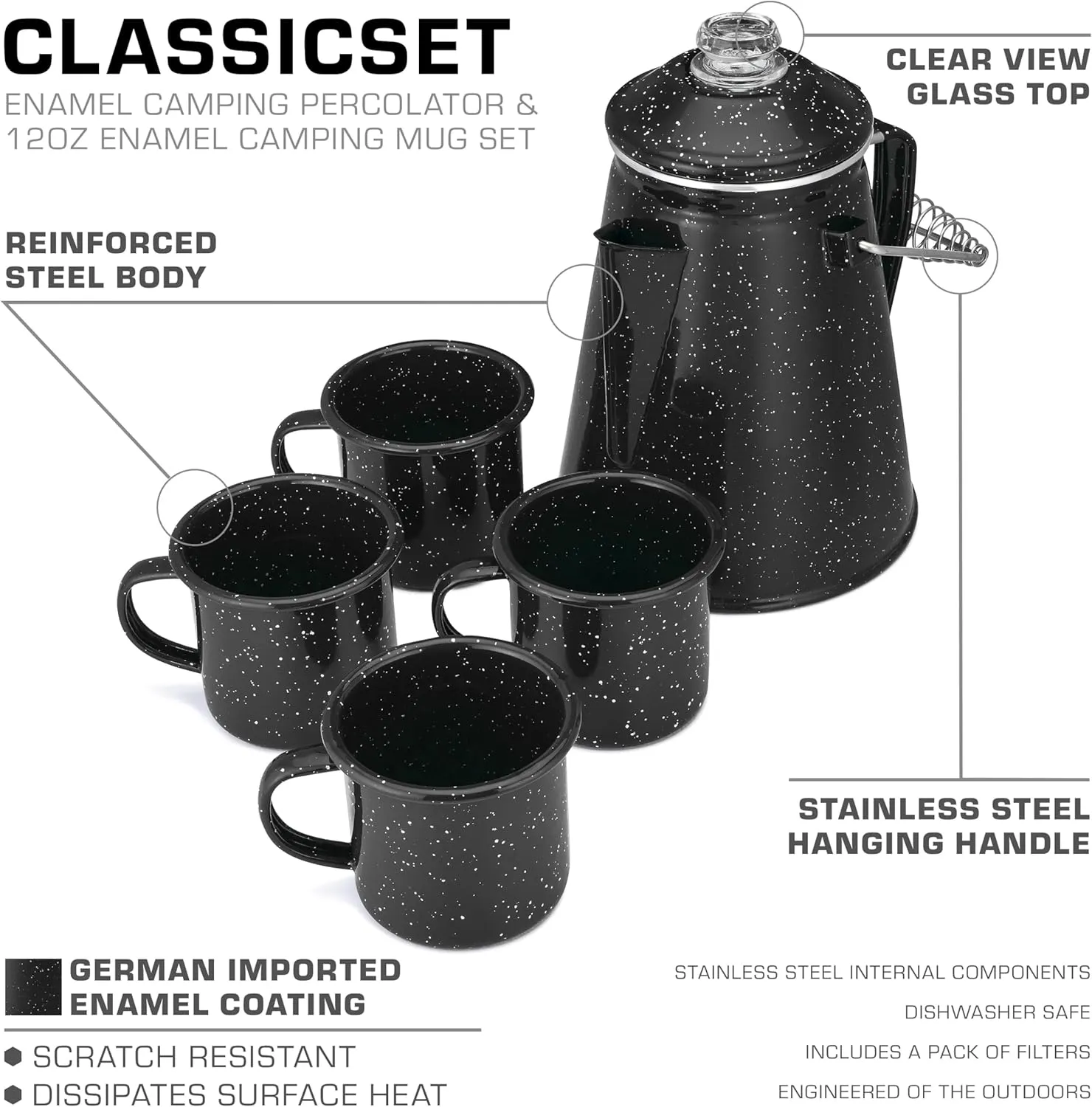 COLETTI Classic Camping Coffee Pot & Mug Set - Percolator Coffee Pot, Enamel Mug Complete Nostalgic Bundle German Imported Enamel Powder [12 oz, Set of 4] (Black)