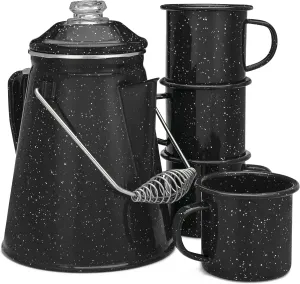 COLETTI Classic Camping Coffee Pot & Mug Set - Percolator Coffee Pot, Enamel Mug Complete Nostalgic Bundle German Imported Enamel Powder [12 oz, Set of 4] (Black)