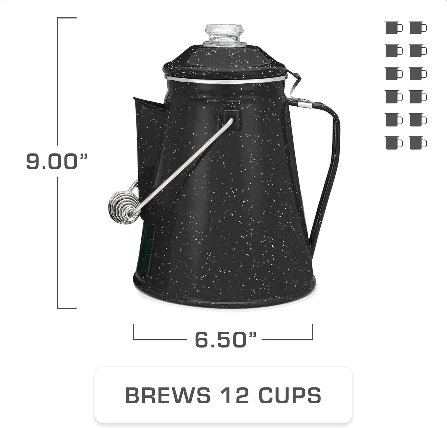 COLETTI Classic Camping Coffee Pot & Mug Set - Percolator Coffee Pot, Enamel Mug Complete Nostalgic Bundle German Imported Enamel Powder [12 oz, Set of 4] (Black)