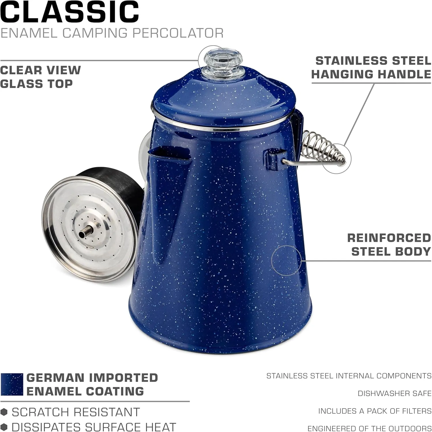 COLETTI Classic Percolator Coffee Pot — The Most Nostalgic Camping Coffee Pot, Now Modernized [Blue Enamel, 12 Cup]