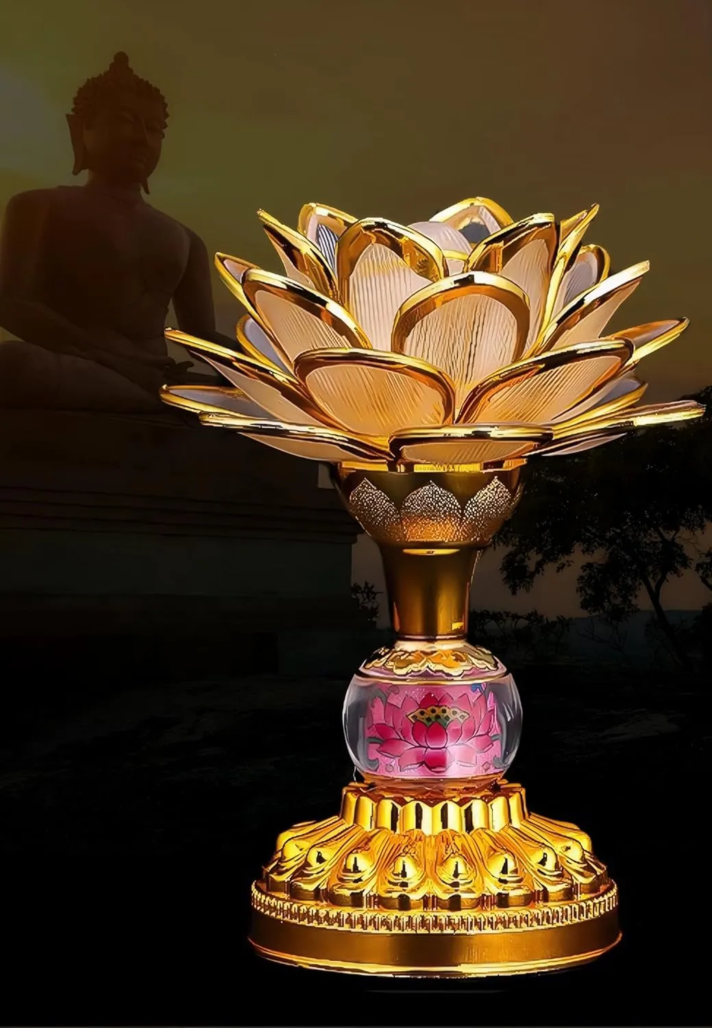 Colorful LED Lotus Buddhist Lamp, Gradient Buddha Light for Worship, Prayer and Display, Low Power Consumption, Eco - Friendly Material for Buddha Occasions, Buddhist Supplies - Pink Gold