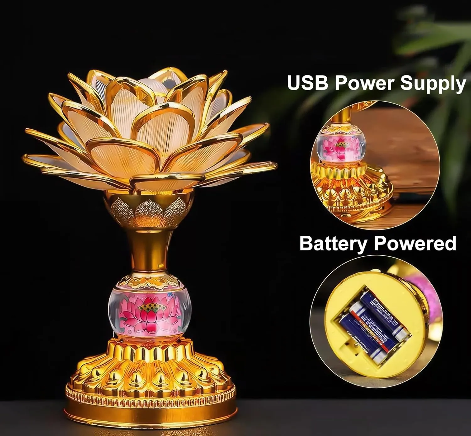 Colorful LED Lotus Buddhist Lamp, Gradient Buddha Light for Worship, Prayer and Display, Low Power Consumption, Eco - Friendly Material for Buddha Occasions, Buddhist Supplies - Pink Gold