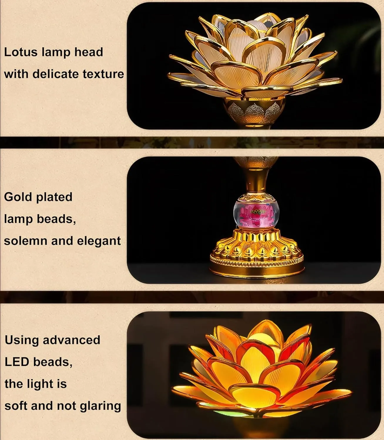 Colorful LED Lotus Buddhist Lamp, Gradient Buddha Light for Worship, Prayer and Display, Low Power Consumption, Eco - Friendly Material for Buddha Occasions, Buddhist Supplies - Pink Gold