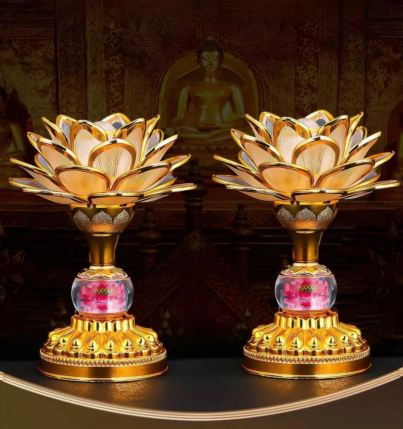 Colorful LED Lotus Buddhist Lamp, Gradient Buddha Light for Worship, Prayer and Display, Low Power Consumption, Eco - Friendly Material for Buddha Occasions, Buddhist Supplies - Pink Gold