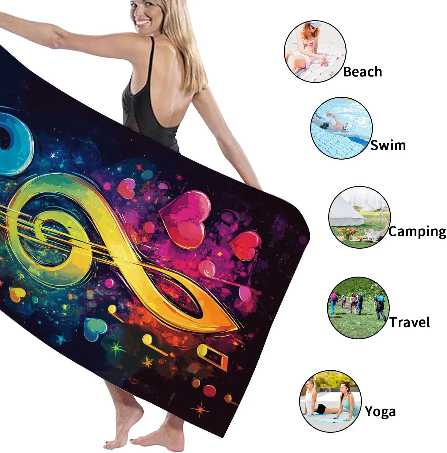 Colorful Musical Notes Beach Towel Vibrant Heart Design Quick Dry Absorbent Sand Free Lightweight Travel Blanket, Pool Picnic Essentials 62x31 Inch