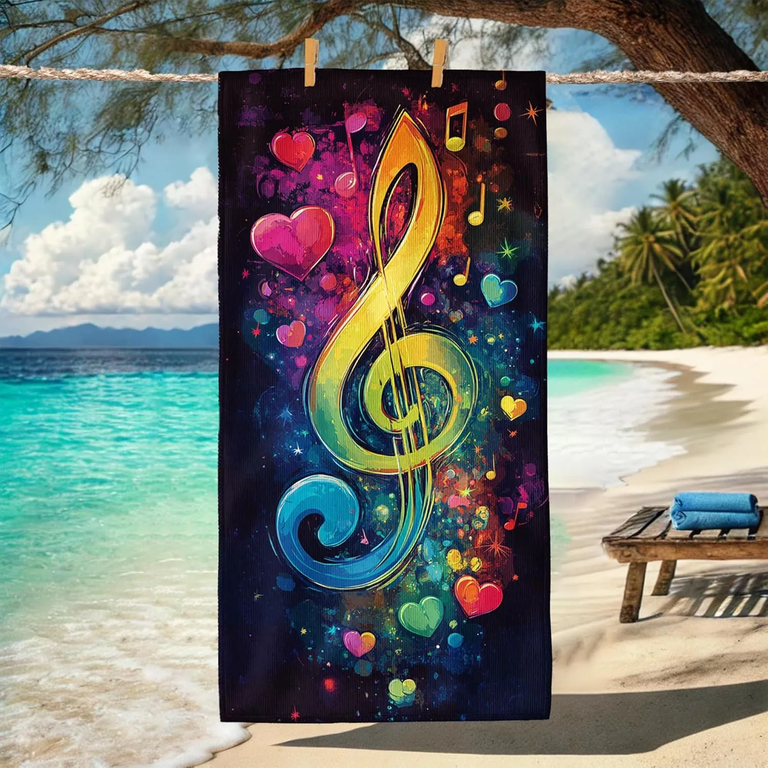 Colorful Musical Notes Beach Towel Vibrant Heart Design Quick Dry Absorbent Sand Free Lightweight Travel Blanket, Pool Picnic Essentials 62x31 Inch