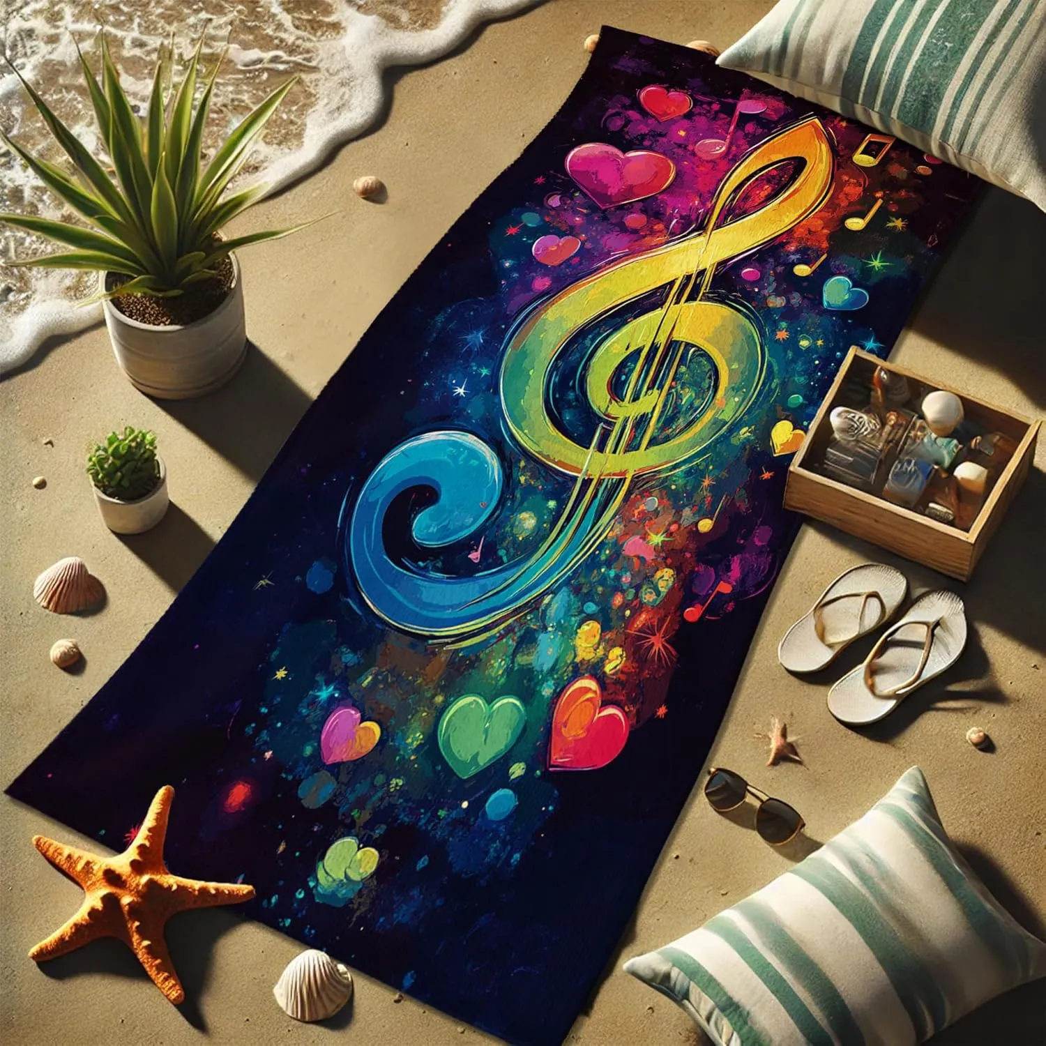 Colorful Musical Notes Beach Towel Vibrant Heart Design Quick Dry Absorbent Sand Free Lightweight Travel Blanket, Pool Picnic Essentials 62x31 Inch