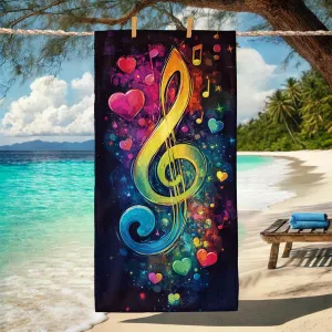 Colorful Musical Notes Beach Towel Vibrant Heart Design Quick Dry Absorbent Sand Free Lightweight Travel Blanket, Pool Picnic Essentials 62x31 Inch