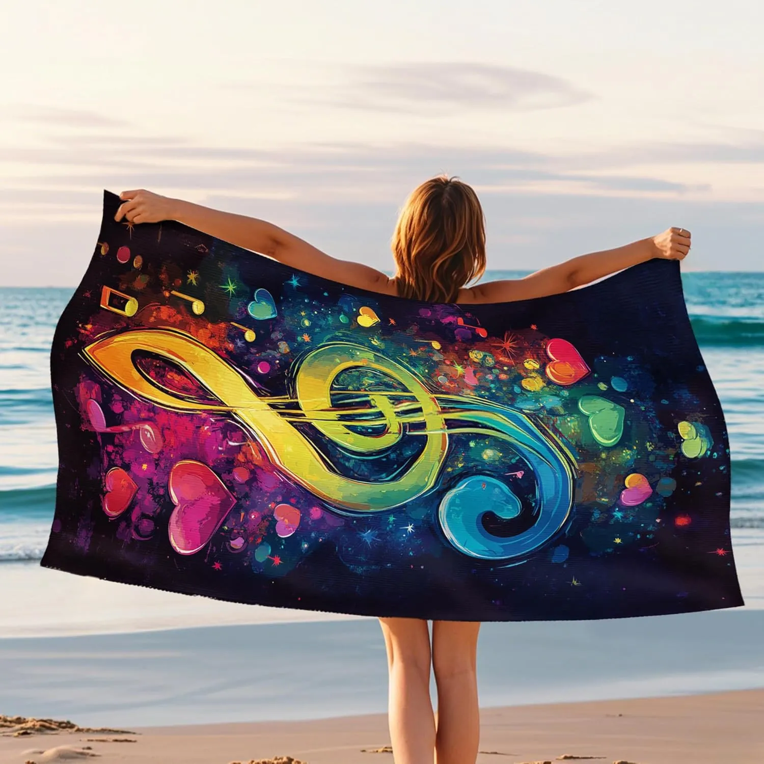 Colorful Musical Notes Beach Towel Vibrant Heart Design Quick Dry Absorbent Sand Free Lightweight Travel Blanket, Pool Picnic Essentials 62x31 Inch