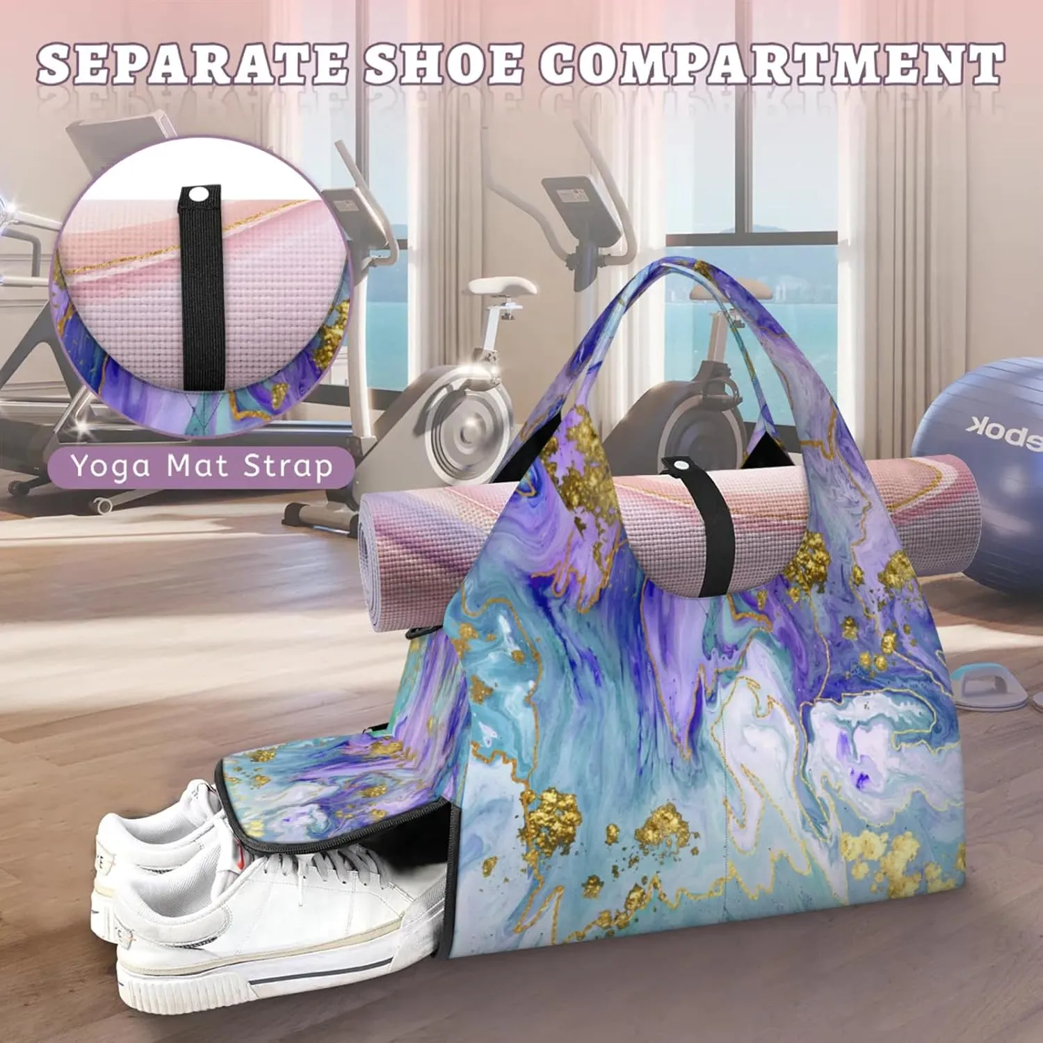 Colours Marble Paper Gym Bag Yoga Mat Tote for Women with Shoes Compartment Lightweight Duffle Travel Carrier Wet Dry Storage Pockets Adjustable Pilates Mats Shoulder Bags for Sport Swim