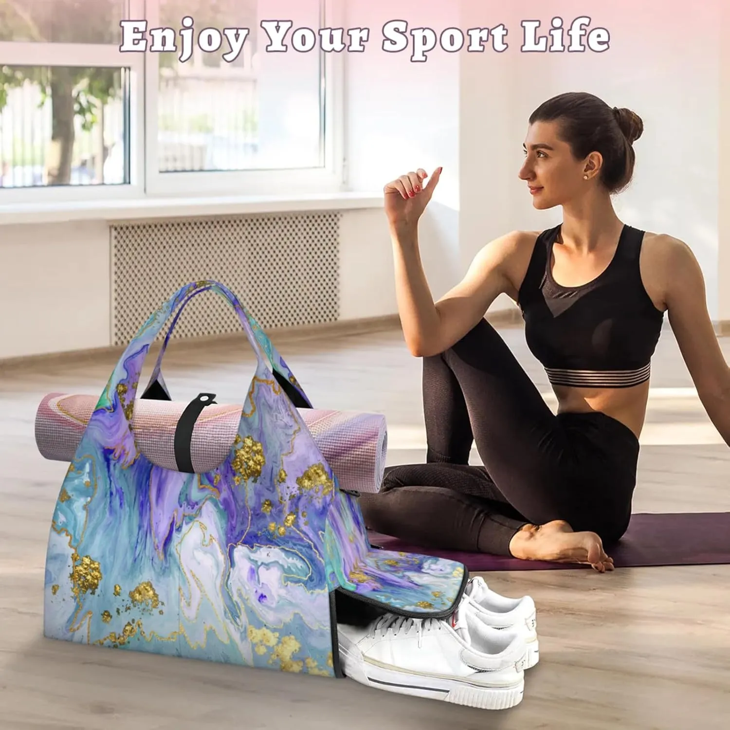 Colours Marble Paper Gym Bag Yoga Mat Tote for Women with Shoes Compartment Lightweight Duffle Travel Carrier Wet Dry Storage Pockets Adjustable Pilates Mats Shoulder Bags for Sport Swim