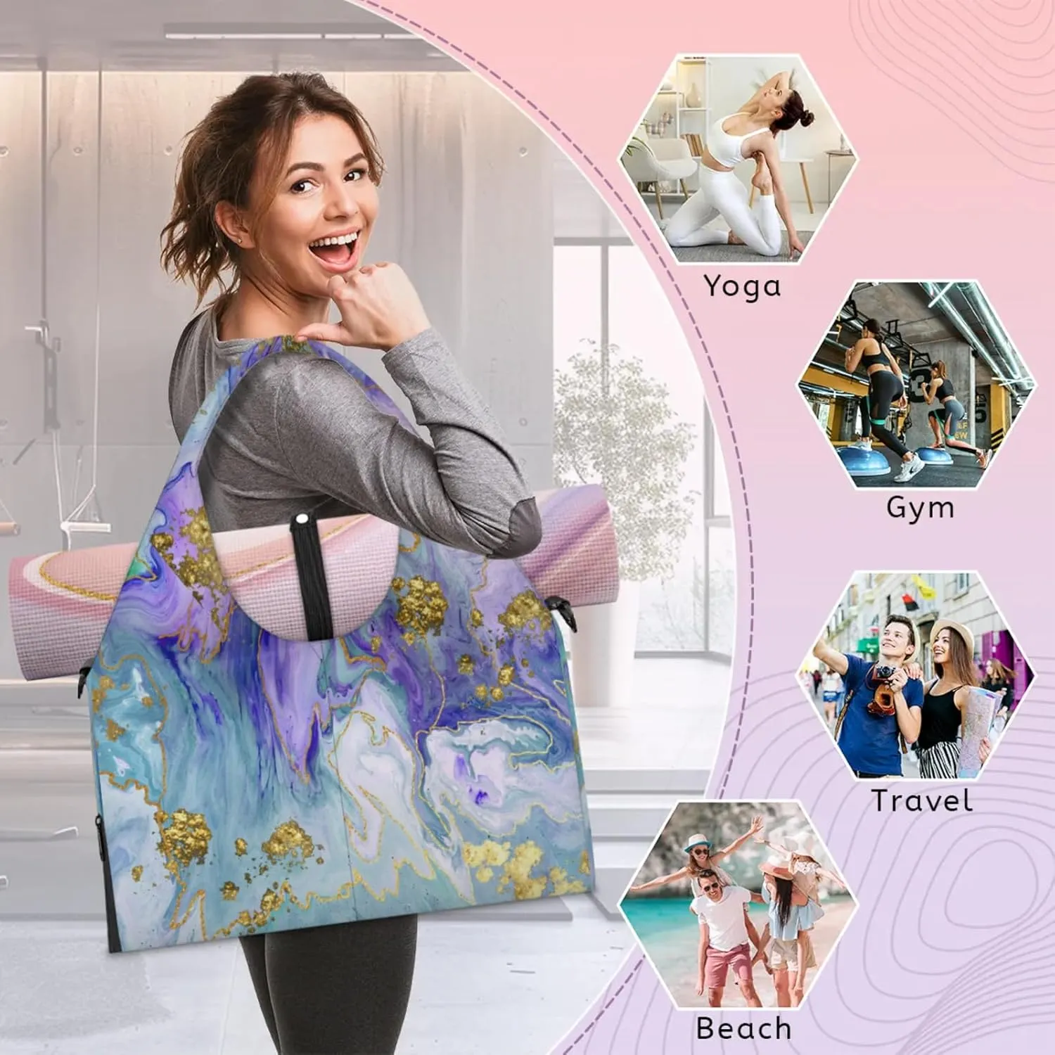 Colours Marble Paper Gym Bag Yoga Mat Tote for Women with Shoes Compartment Lightweight Duffle Travel Carrier Wet Dry Storage Pockets Adjustable Pilates Mats Shoulder Bags for Sport Swim