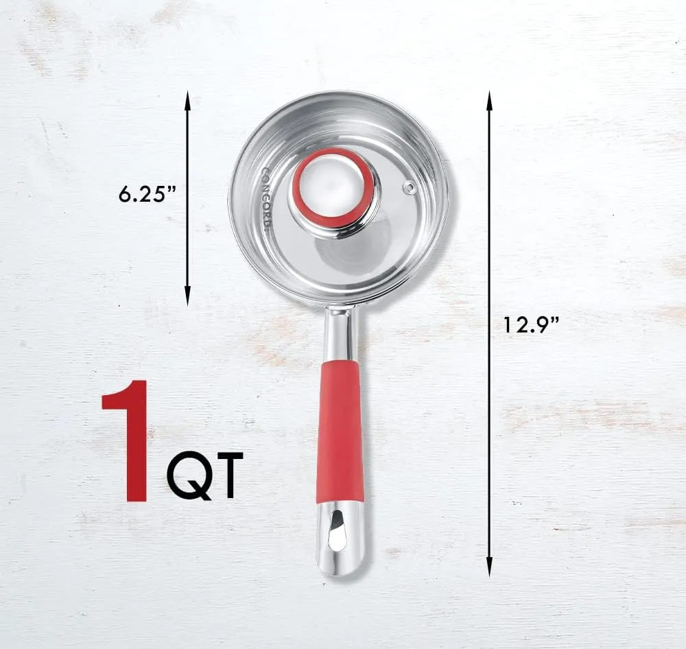 Concord 1 Quart Stainless Steel Saucepan with SIMPLE POUR Vented Glass Lid. Features Dual Pouring Spouts and Volume Marking. Perfect for making Sauces, Jam, Ramen, and more