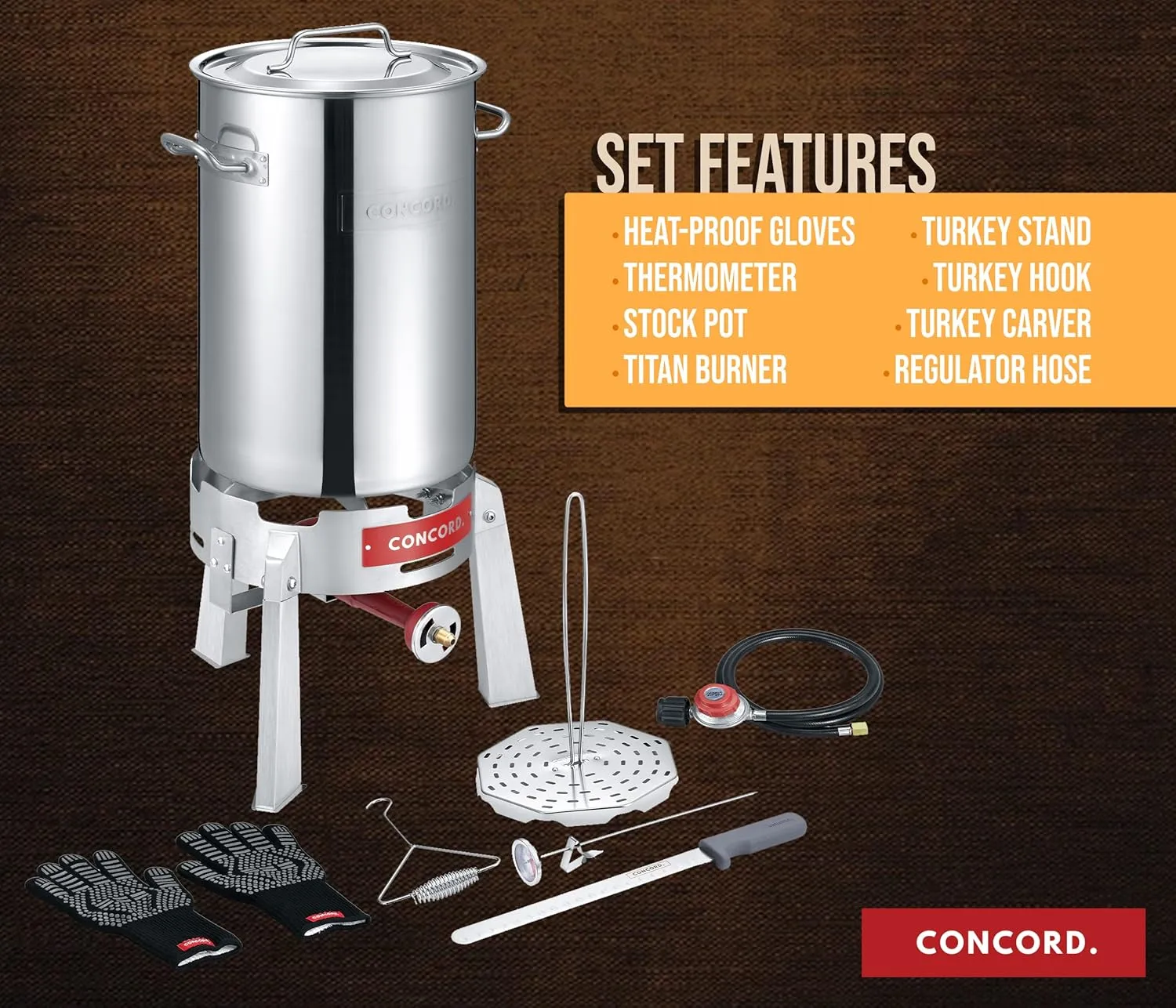 CONCORD Heavy Duty Stainless Steel Deluxe Turkey Fryer Kit with Titan Burner, Rack, Slicer, Hook, Thermometer, Crawfish Boil, and more (Turkey Fryer Kit   Titan Burner)