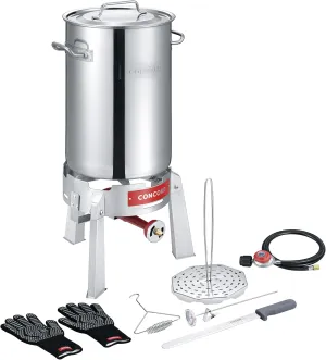 CONCORD Heavy Duty Stainless Steel Deluxe Turkey Fryer Kit with Titan Burner, Rack, Slicer, Hook, Thermometer, Crawfish Boil, and more (Turkey Fryer Kit   Titan Burner)