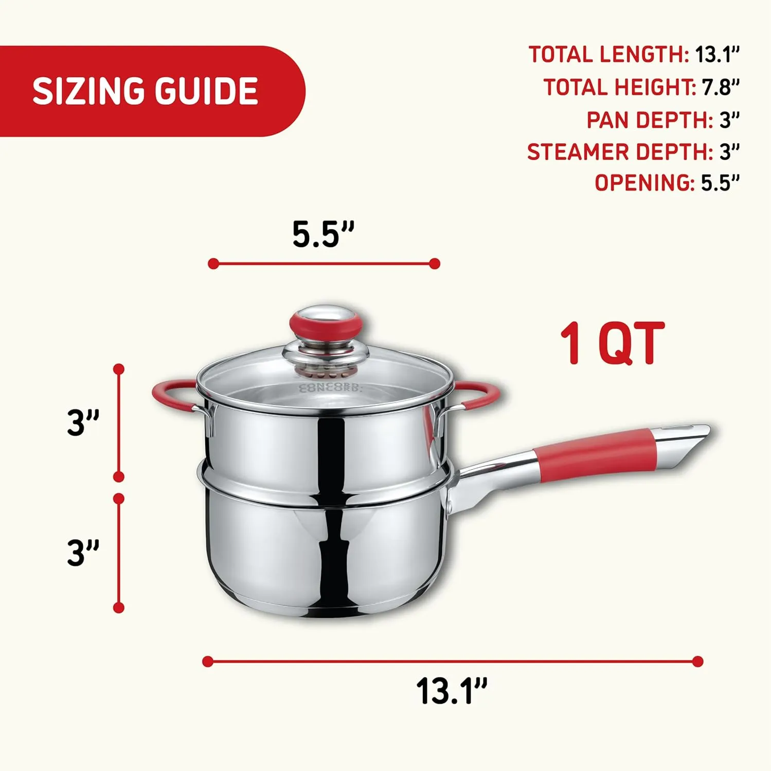 Concord Stainless Steel SIMPLE POUR Saucepan with Steamer Tier. Vented Glass Lid. Features Dual Pouring Spouts and Volume Marking on pot. Perfect for making Sauces, Jam, Ramen, and more (1 Quart)