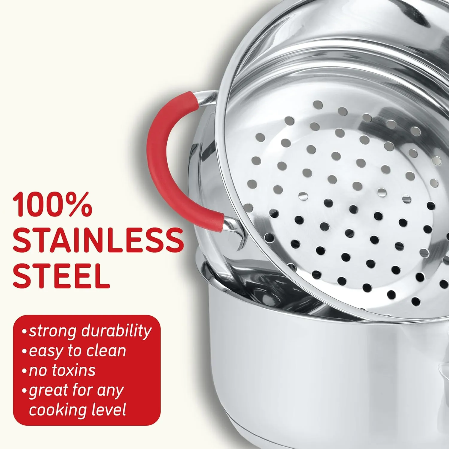 Concord Stainless Steel SIMPLE POUR Saucepan with Steamer Tier. Vented Glass Lid. Features Dual Pouring Spouts and Volume Marking on pot. Perfect for making Sauces, Jam, Ramen, and more (1 Quart)