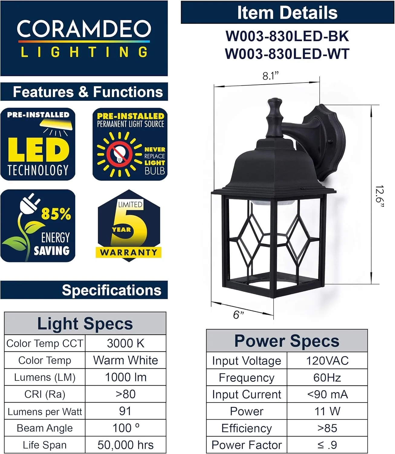 CORAMDEO Outdoor LED Square Wall Sconce Light for Porch, Patio, Deck, Wet Location, Built in LED Gives 100W of Light from 11W of Power, 1000 Lumens, 3K, Durable Cast Aluminum with Black Finish