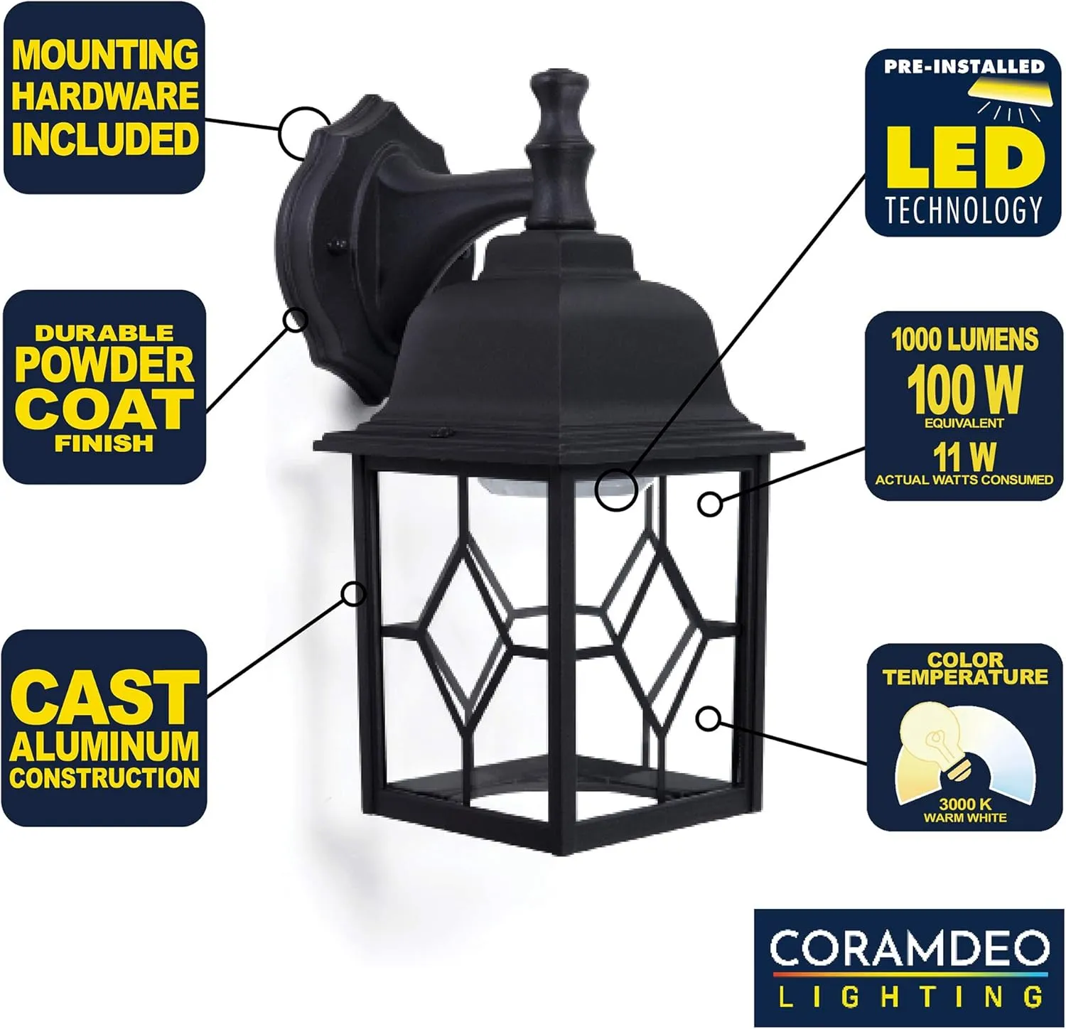 CORAMDEO Outdoor LED Square Wall Sconce Light for Porch, Patio, Deck, Wet Location, Built in LED Gives 100W of Light from 11W of Power, 1000 Lumens, 3K, Durable Cast Aluminum with Black Finish