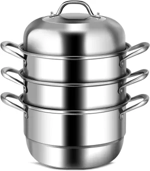 COSTWAY 4-Tier Steamer for Cooking, 11 Inch Stainless Steel Steamer Pot with Tempered Glass Lid, Handles on Both Sides, Includes 2 Steaming Septa, Dishwasher Safe, Ideal for Vegetable, Food, Kitchen