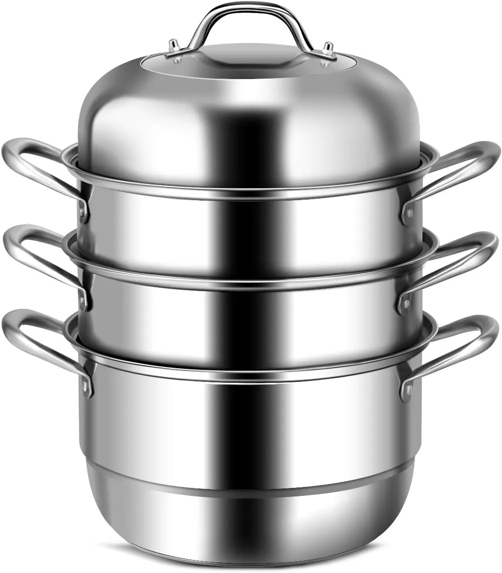 COSTWAY 4-Tier Steamer for Cooking, 11 Inch Stainless Steel Steamer Pot with Tempered Glass Lid, Handles on Both Sides, Includes 2 Steaming Septa, Dishwasher Safe, Ideal for Vegetable, Food, Kitchen