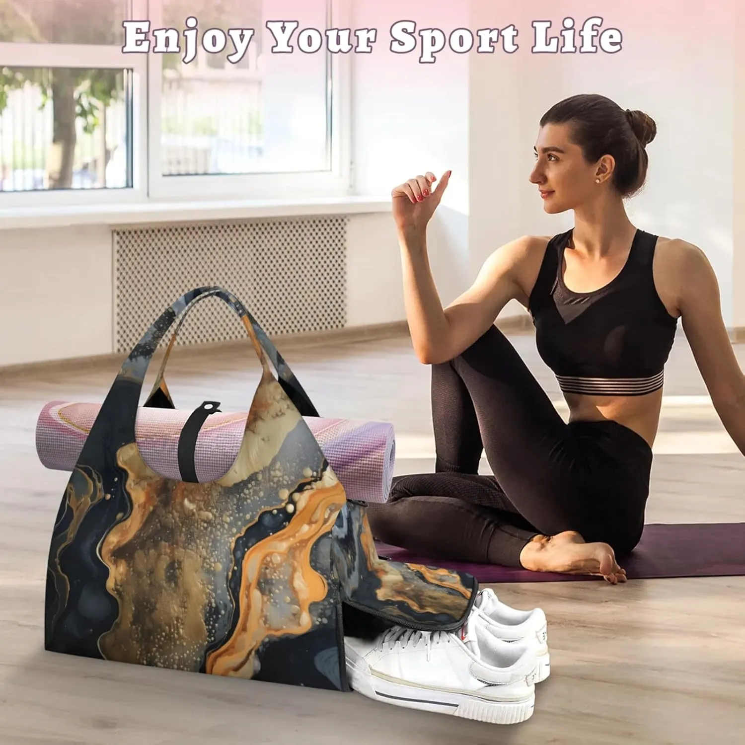 Count Colour Marble Gym Bag Yoga Mat Tote for Women with Shoes Compartment Lightweight Duffle Travel Carrier Wet Dry Storage Pockets Adjustable Pilates Mats Shoulder Bags for Sport Swim