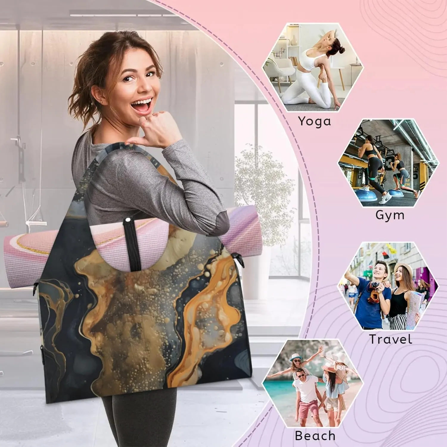 Count Colour Marble Gym Bag Yoga Mat Tote for Women with Shoes Compartment Lightweight Duffle Travel Carrier Wet Dry Storage Pockets Adjustable Pilates Mats Shoulder Bags for Sport Swim
